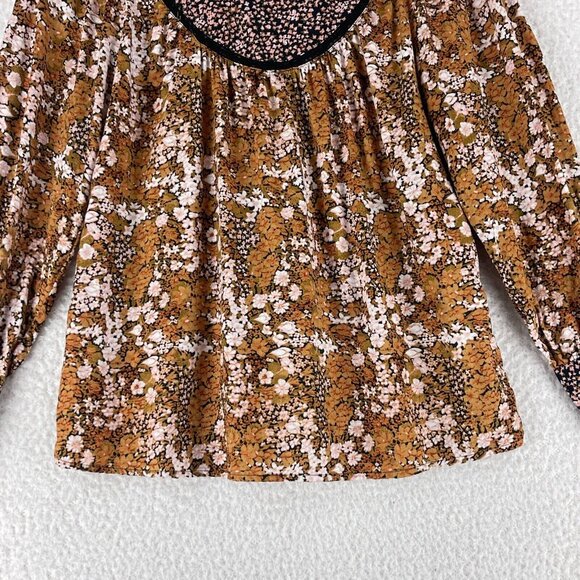 Hinge Brown Floral Mix Print Shirt Womens Prairie Chic High Neck Size XS - Picture 6 of 13